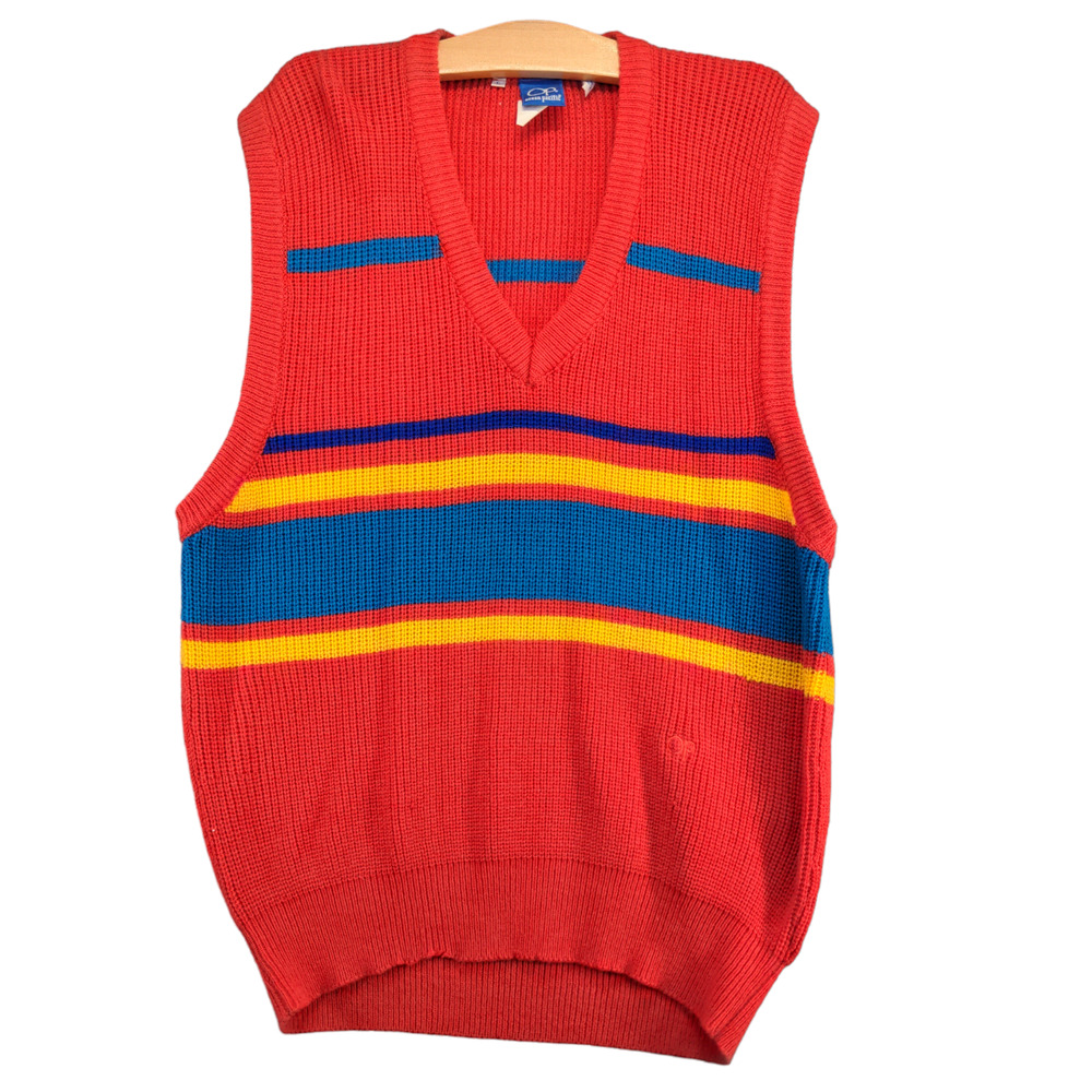 Op Ocean Pacific Mens Knit Sweater Vest Red Large Striped V-Neck Acrylic Vintage